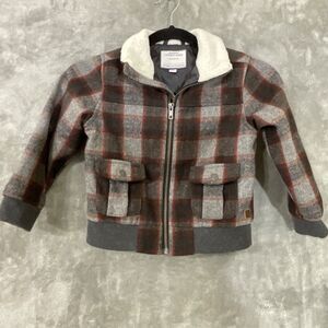 Janie & Jack Sherpa Plaid zip up Bomber Jacket Toddler Size 3/4 brown wool blend